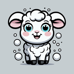 Cute cartoon sheep standing with bubbles on grey background  