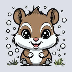 Cute cartoon chipmunk sitting in grass with bubbles around it  