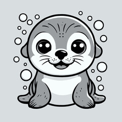 Cute cartoon seal smiling with bubbles on light gray background  