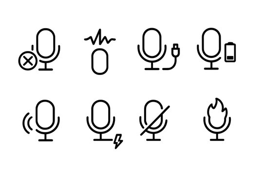 Microphone Issue Icons. Outline icon set of microphone problems: no sound, static noise, disconnected, low battery, feedback, broken cable, muted