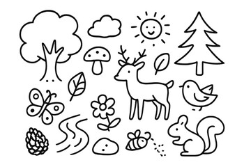Fototapeta premium Forest Doodle Wonderland. Hand-drawn doodle illustration forest scenery tree, mushroom, deer, bird, leaf, butterfly, sun, cloud, pinecone, river, flower,