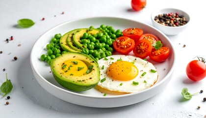 Healthy breakfast plate with avocado, eggs, peas, and tomatoes