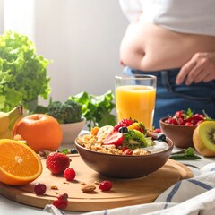 Healthy breakfast, overweight person