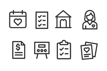 Wedding Icons Set. Outline icon set of wedding planning: calendar, checklist, venue, wedding planner, budget, seating chart, checklist clipboard, RSVP card.