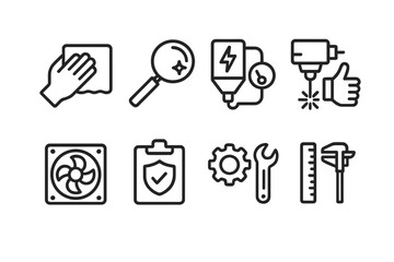 Laser Maintenance Icons. Outline icon set of laser maintenance: cleaning cloth, lens cleaning, power check, beam adjustment, cooling system check, safety