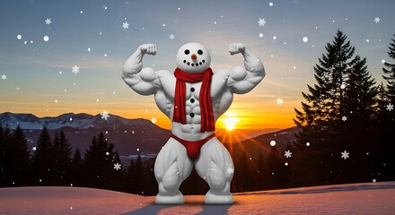 Muscular snowman flexing muscles at sunset in snowy winter landscape