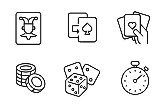 Card Game Icons. Outline icon set of card shuffle wildcards: joker card, playing cards, shuffle deck, card hand, poker chips, dice, trophy, timer. Line icons