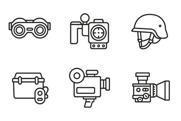 Night Vision Icons. Outline icon set of night vision accessories: helmet mount, battery, lens cover, carry case, strap, remote control, eyepiece, cleaning kit.