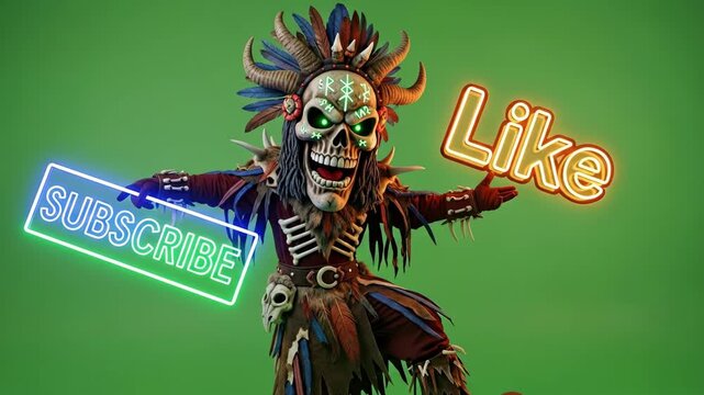 Vibrant Witch Doctor Mascot Promoting Engagement - A colorful witch doctor mascot with an elaborate design is featured, holding a neon "Subscribe" sign in one hand and a glowing "Like" sign in the