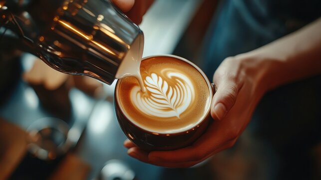 Pouring milk into coffee cup creating latte art in a cafe setting with a barista holding it