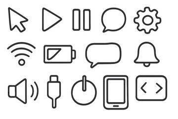 Screen Display Icons. Hand-drawn doodle illustration screen display icons cursor, play button, pause button, settings gear, wifi signal, battery icon, chat