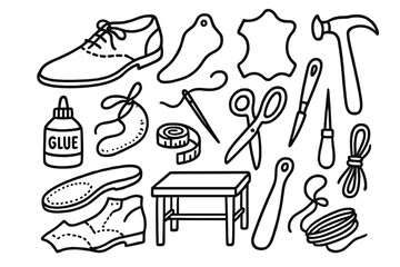 Custom Shoe Tools. Hand-drawn doodle illustration custom shoes shoe last, leather, hammer, needle and thread, scissors, glue, measuring tape, awl, shoe sole,