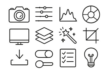 Doodle Photo Editing Icons. Hand-drawn doodle illustration photo preset camera, sliders, histogram, color wheel, computer screen, layers panel, magic wand,