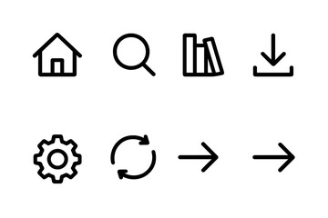 E-Reader Icons Grid. Outline icon set of e-reader navigation: home screen, search icon, library, download button, settings gear, sync icon, back arrow, forward
