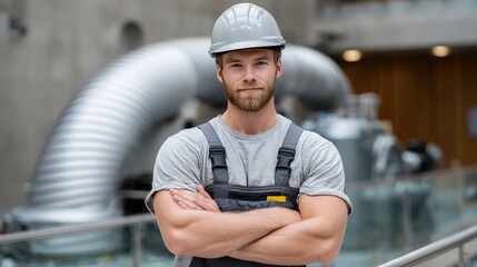 Skilled worker stands proudly in an industrial site, showcasing confidence and expertise in a bustling manufacturing environment
