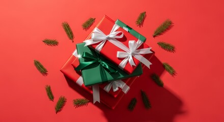 Dramatic Flat Lay of Stacked Christmas Gifts with Long Shadows on a Vibrant Red Background.
