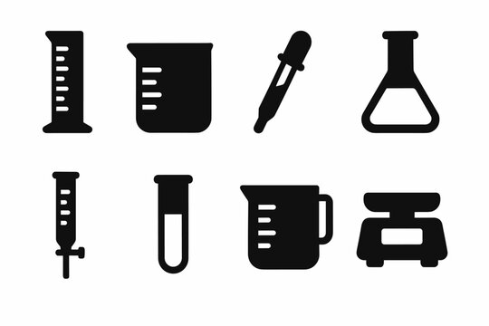 Scientific Measuring Tools Icons. Solid, filled icon set of scientific measuring tools: graduated cylinder, beaker, pipette, volumetric flask, burette, test