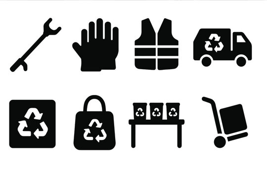 Recycling Tools Icons. Solid, filled icon set of recycling tools: trash picker, gloves, safety vest, recycling truck, bins label, eco bag, sorting table, hand