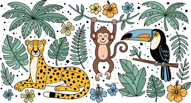 Colorful jungle wildlife vector with cheetah, monkey, toucan, tropical leaves, flowers, and playful rainforest animals in cartoon style