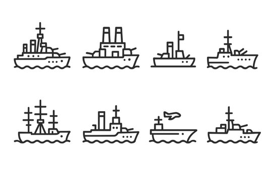 Historical Battleship Icons. Outline icon set of battleship historical: classic battleship, dreadnought, ironclad, battlecruiser, frigate, cruiser, aircraft