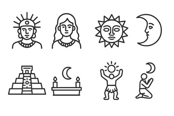 Sun and Moon Icons. Outline icon set of sun and moon in culture: sun god, moon goddess, sun mask, moon face, sun temple, moon altar, sun dance, moon ritual.