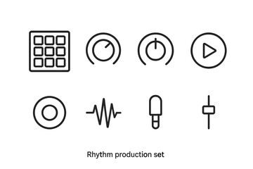 Rhythm Production Icons. Outline icon set of rhythm production: drum pad, volume knob, tempo control, play button, record button, waveform, headphone port,