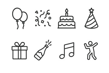 Party Icon Set. Outline icon set of party: balloons, confetti, birthday cake, party hat, gift box, champagne bottle, music note, dancing figure. [Line icons in
