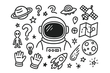Space Doodle Exploration. Hand-drawn doodle illustration lost in space astronaut helmet, stars, planet, spaceship, question mark, map, radar, satellite, moon,