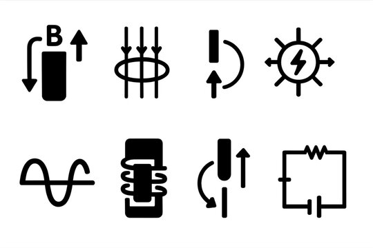Physics Icon Set. Solid, filled icon set of induction physics: Faraday?s law, magnetic flux, electric field, Lenz?s law, alternating current, coil magnet,