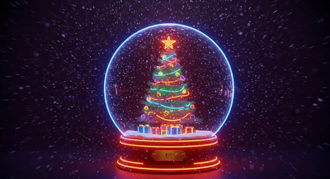 Magical Winter Wonderland: A festive Christmas tree inside a snow globe, twinkling with lights and surrounded by falling snow. The scene captures the holiday spirit and childlike wonder. - Powered by Adobe