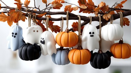 A creative display features orange and white pumpkins alongside bats and dried foliage, celebrating the essence of autumn festivities