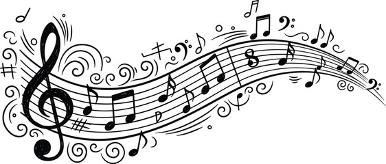 Stylized musical staff with swirling notes, treble clef, and symbols in black and white for music, design, and artistic themes 