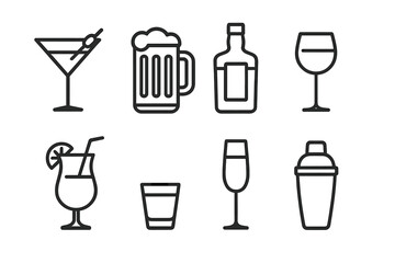 Bar Drink Icons. Outline icon set of themed bar drinks: martini glass, beer mug, whiskey bottle, wine glass, tropical cocktail, shot glass, champagne flute,
