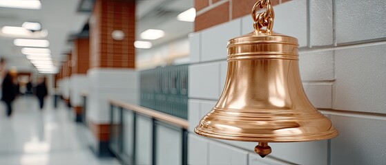 A silver bell hangs from a chain, set against the backdrop of a spacious corridor filled with soft light and architectural features