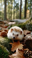 A curious hedgehog navigates through vibrant green moss and fallen leaves in a serene forest setting on a sunny afternoon