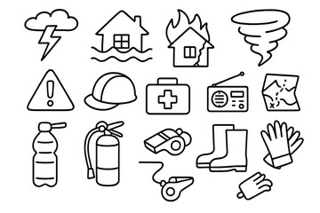Disaster Preparedness Icons. Hand-drawn doodle illustration natural hazards awareness lightning, flood, fire, earthquake, tornado, warning sign, helmet, first