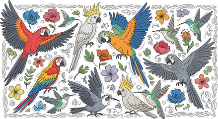 Obraz premium Colorful tropical birds and flowers with parrots, hummingbirds, decorative swirls, vibrant plumage, floral background, nature illustration, exotic wildlife vector art