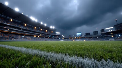 Enthusiastic spectators fill the stands as dark clouds loom overhead, setting the stage for an exciting athletic competition