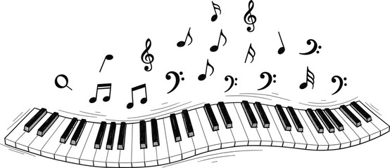 Stylized wavy piano keyboard with floating musical notes and clefs in black and white for music, rhythm, design, and art themes