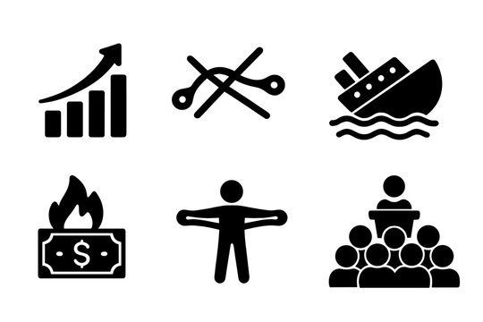 Market Overreach Icon Set. Solid, filled icon set of market overreach: expanding market, crossed wires, overloaded shopping cart, sinking ship, burning cash,