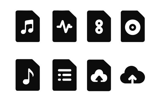 Audio Format Icons. Solid, filled icon set of recording file formats: mp3, wav, aiff, flac, ogg, midi, playlist, cloud upload. Solid, filled icons in only