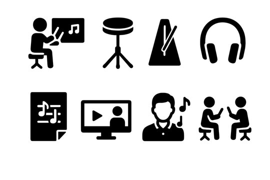 Music Practice Icons. Solid, filled icon set of drum throne practice: music lesson, practice pad, metronome, headphones, sheet music, video tutorial,