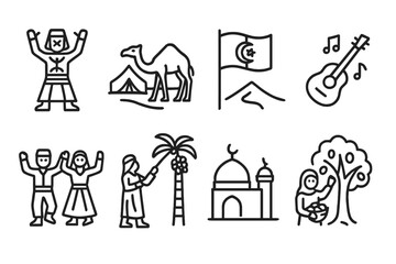 Algerian Festival Icons. Outline icon set of Algerian festivals: Yennayer (Berber New Year), Sahara Festival, National Day, Music festival, Traditional dance,