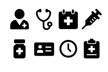 Medical Appointment Icons. Solid, filled icon set of medical appointments: doctor, stethoscope, calendar with cross, syringe, pill bottle, appointment card,