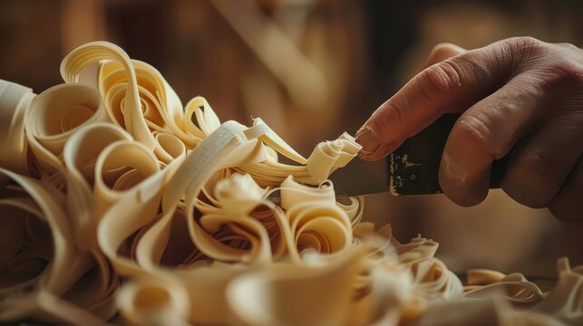 A close up of a hand using a knife to carve wood creating wood shavings in a workshop setting