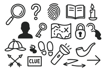 Obraz premium Mystery Clue Icons. Hand-drawn doodle illustration mystery clue magnifying glass, question mark, fingerprint, notebook, candle, shadow, key, map, lock,