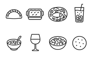 Chilean Cuisine Icons. Outline icon set of Chilean cuisine: empanada, pastel de choclo, seafood platter, mote con huesillo, pebre sauce, Chilean wine glass,