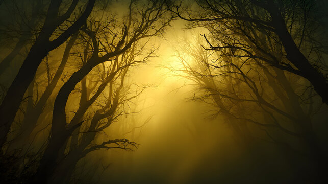 Mysterious enchanted forest with tall twisted trees in misty atmosphere