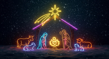 Illuminated Nativity Scene: A vibrant neon rendition of the nativity scene illuminates the night, featuring Mary, Joseph, baby Jesus, and the symbolic star of Bethlehem.