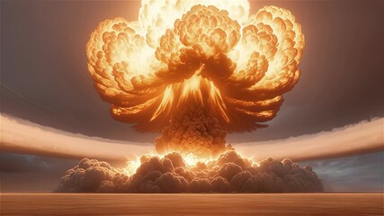 Massive atmospheric detonation revealing catastrophic environmental destruction with intense fireball spreading across barren terrain and generating immense cloud formation